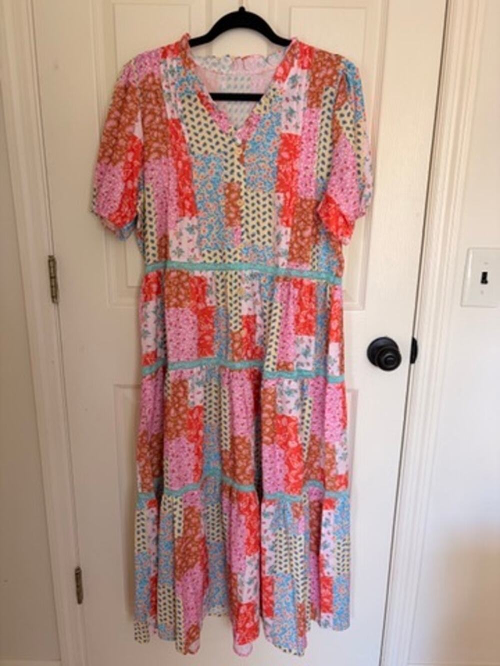Easel Patchwork Floral Crochet Trim Tiered Midi Dress L/XL